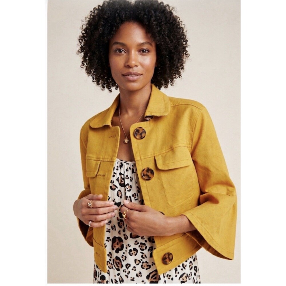 ANTHROPOLGIE Nora Flounce-Sleeved Trucker Short Jacket Small Mustard 3/4 Sleeve